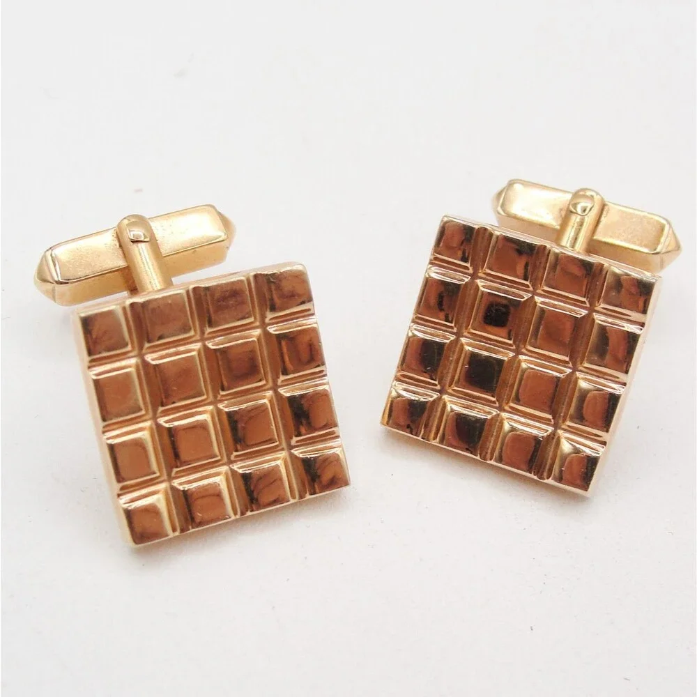 Vintage Swank Gold Tone Waffle Square Cufflinks Geometric Grid Block Pattern MCM